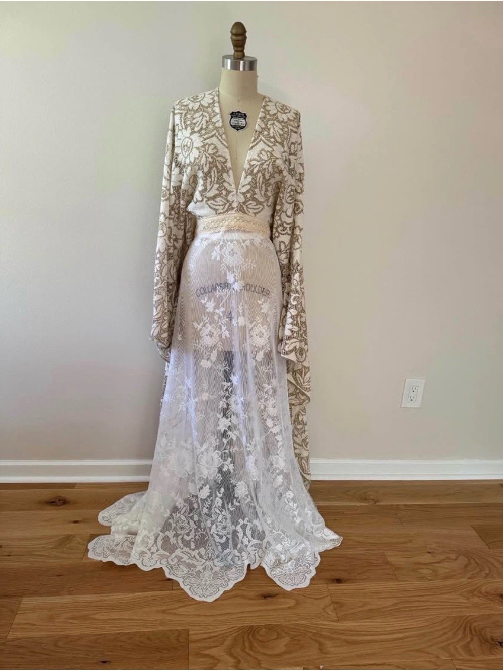 Elegant Ivory Lace Maxi Dress with Beige Embroidered Bodice
